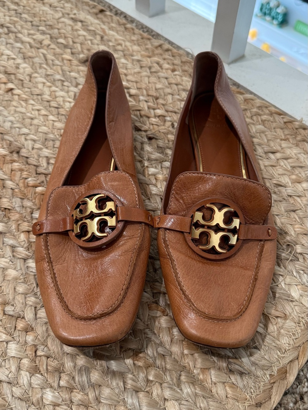 Tory Burch Tan Leather Logo Loafers with Gold Medallion